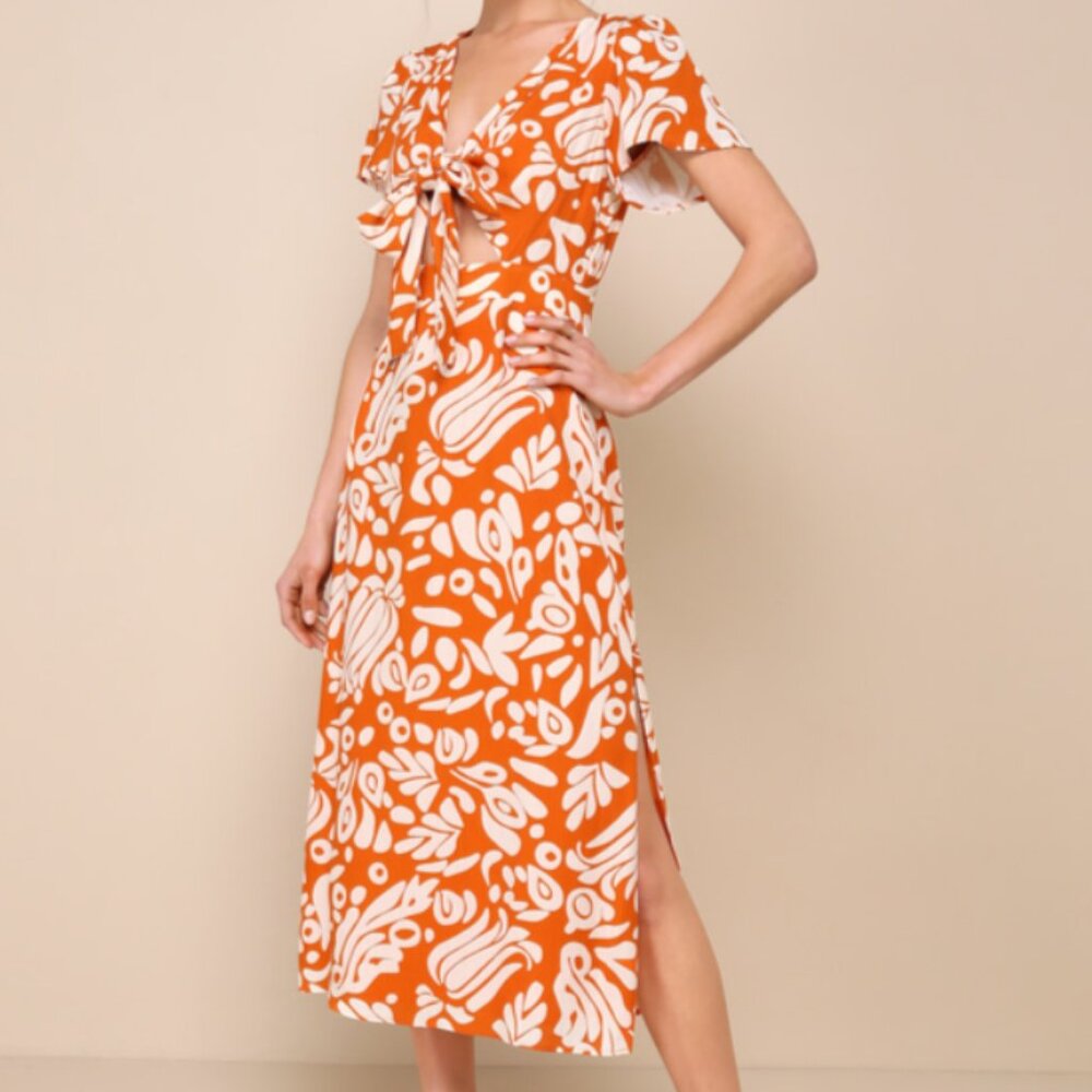 Lulus Energetic Charm Rust Orange Abstract Tie-Front Midi Dress, NWT, Size Small
